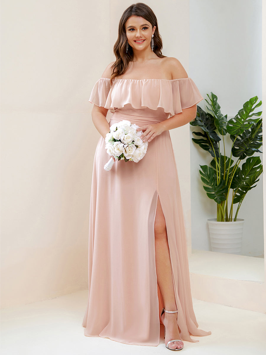 Bodenlanger Offshoulder A-Linie Chiffon Kleid Mit Falten Design Und Oberschenkel Hohem Schlitz #Farbe_Rosa
