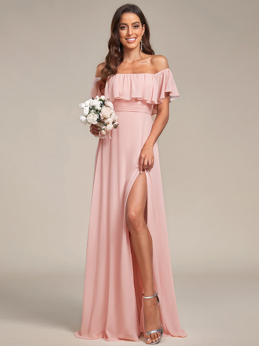 Bodenlanger Offshoulder A-Linie Chiffon Kleid Mit Falten Design Und Oberschenkel Hohem Schlitz #Farbe_Rosa
