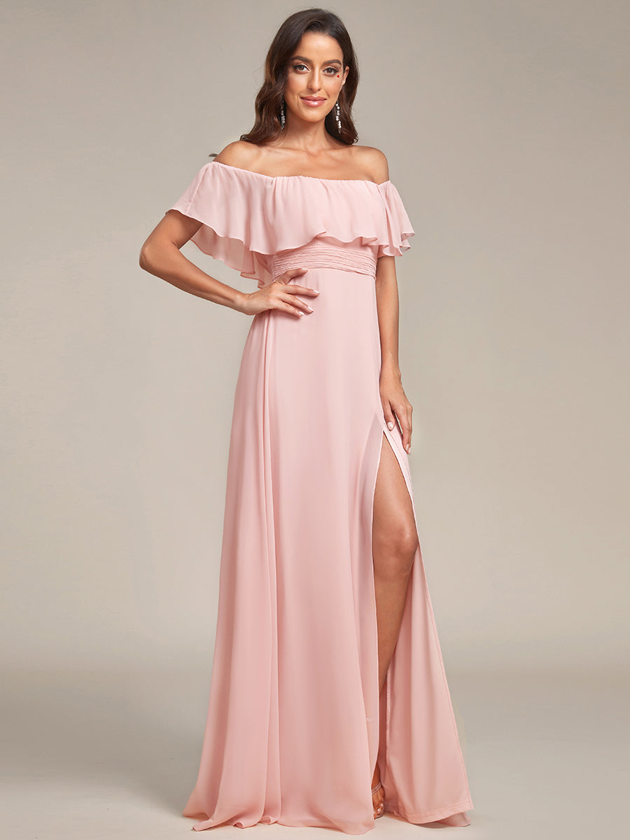 Bodenlanger Offshoulder A-Linie Chiffon Kleid Mit Falten Design Und Oberschenkel Hohem Schlitz #Farbe_Rosa
