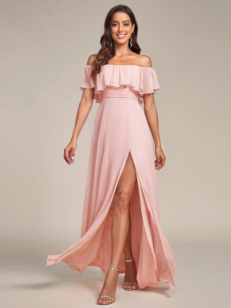 Bodenlanger Offshoulder A-Linie Chiffon Kleid Mit Falten Design Und Oberschenkel Hohem Schlitz #Farbe_Rosa