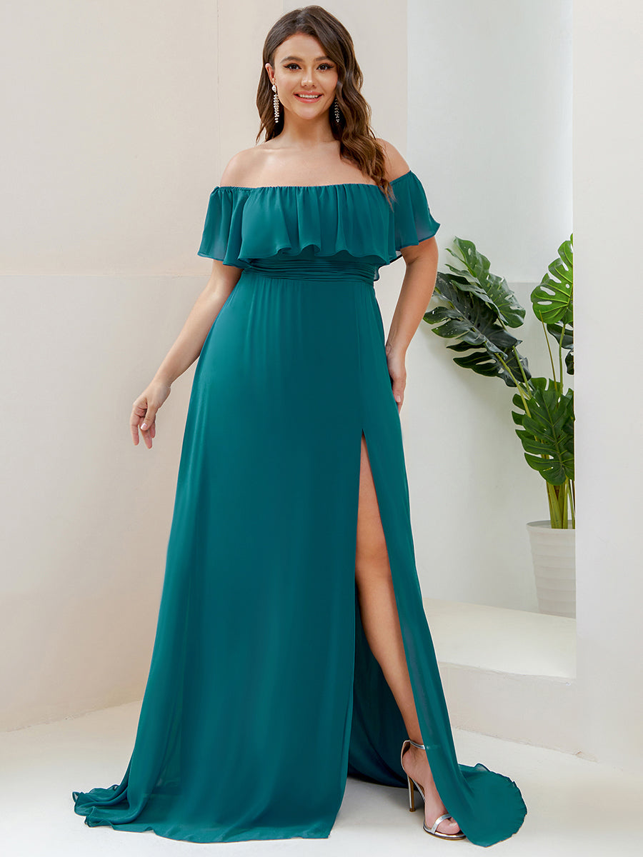 Bodenlanger Offshoulder A-Linie Chiffon Kleid Mit Falten Design Und Oberschenkel Hohem Schlitz #Farbe_Petrol