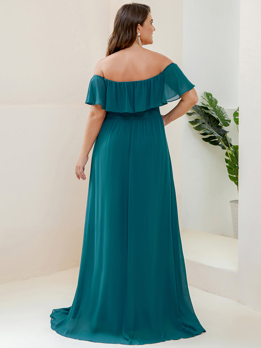 Bodenlanger Offshoulder A-Linie Chiffon Kleid Mit Falten Design Und Oberschenkel Hohem Schlitz #Farbe_Petrol
