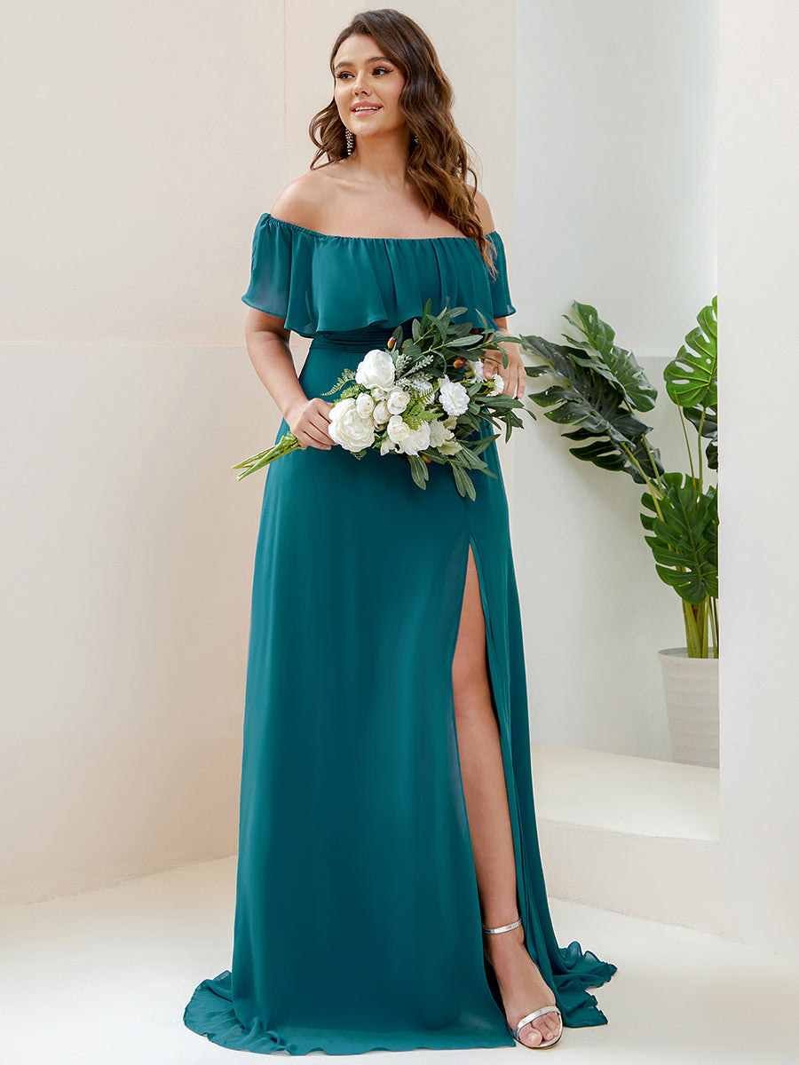 Bodenlanger Offshoulder A-Linie Chiffon Kleid Mit Falten Design Und Oberschenkel Hohem Schlitz #Farbe_Petrol