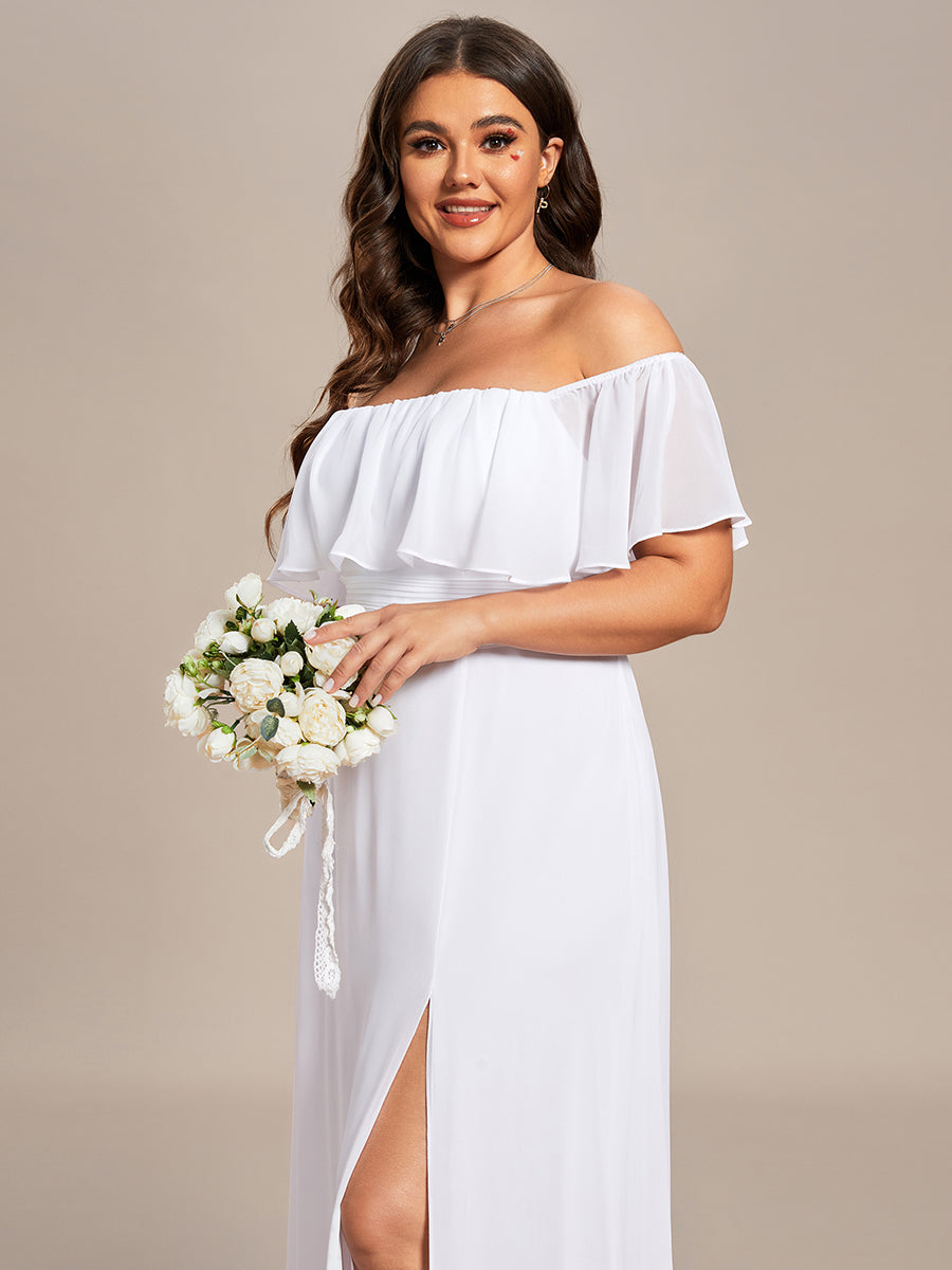 Bodenlanger Offshoulder A-Linie Chiffon Kleid Mit Falten Design Und Oberschenkel Hohem Schlitz #Farbe_Weiß