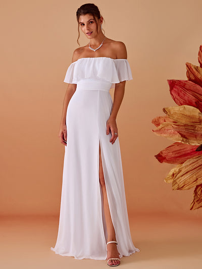 Bodenlanger Offshoulder A-Linie Chiffon Kleid Mit Falten Design Und Oberschenkel Hohem Schlitz #Farbe_Weiß