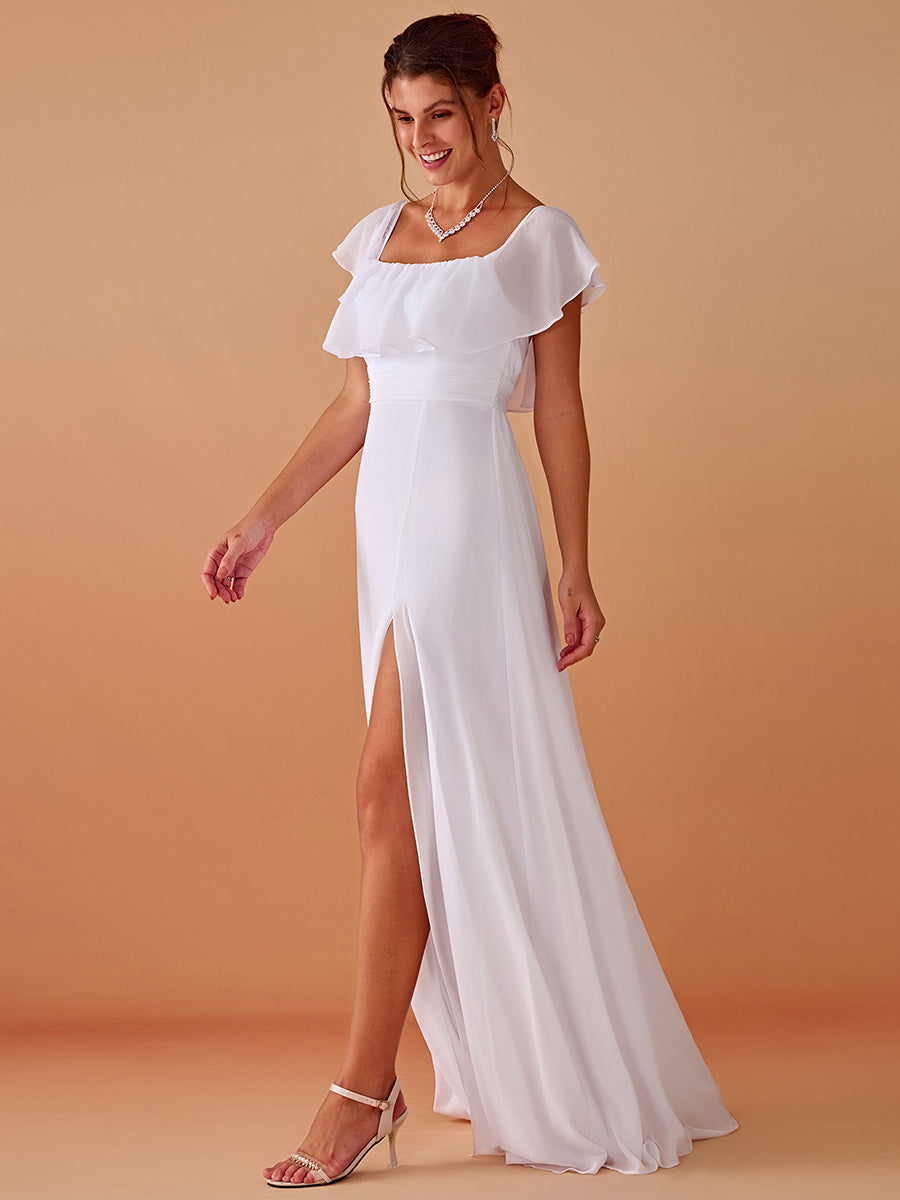 Bodenlanger Offshoulder A-Linie Chiffon Kleid Mit Falten Design Und Oberschenkel Hohem Schlitz #Farbe_Weiß