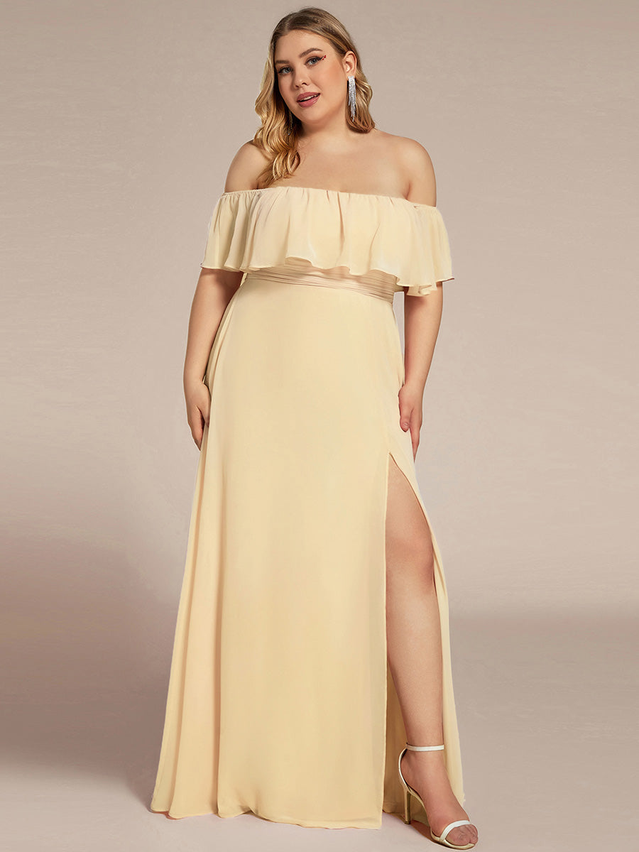 Bodenlanger Offshoulder A-Linie Chiffon Kleid Mit Falten Design Und Oberschenkel Hohem Schlitz #Farbe_Gelb