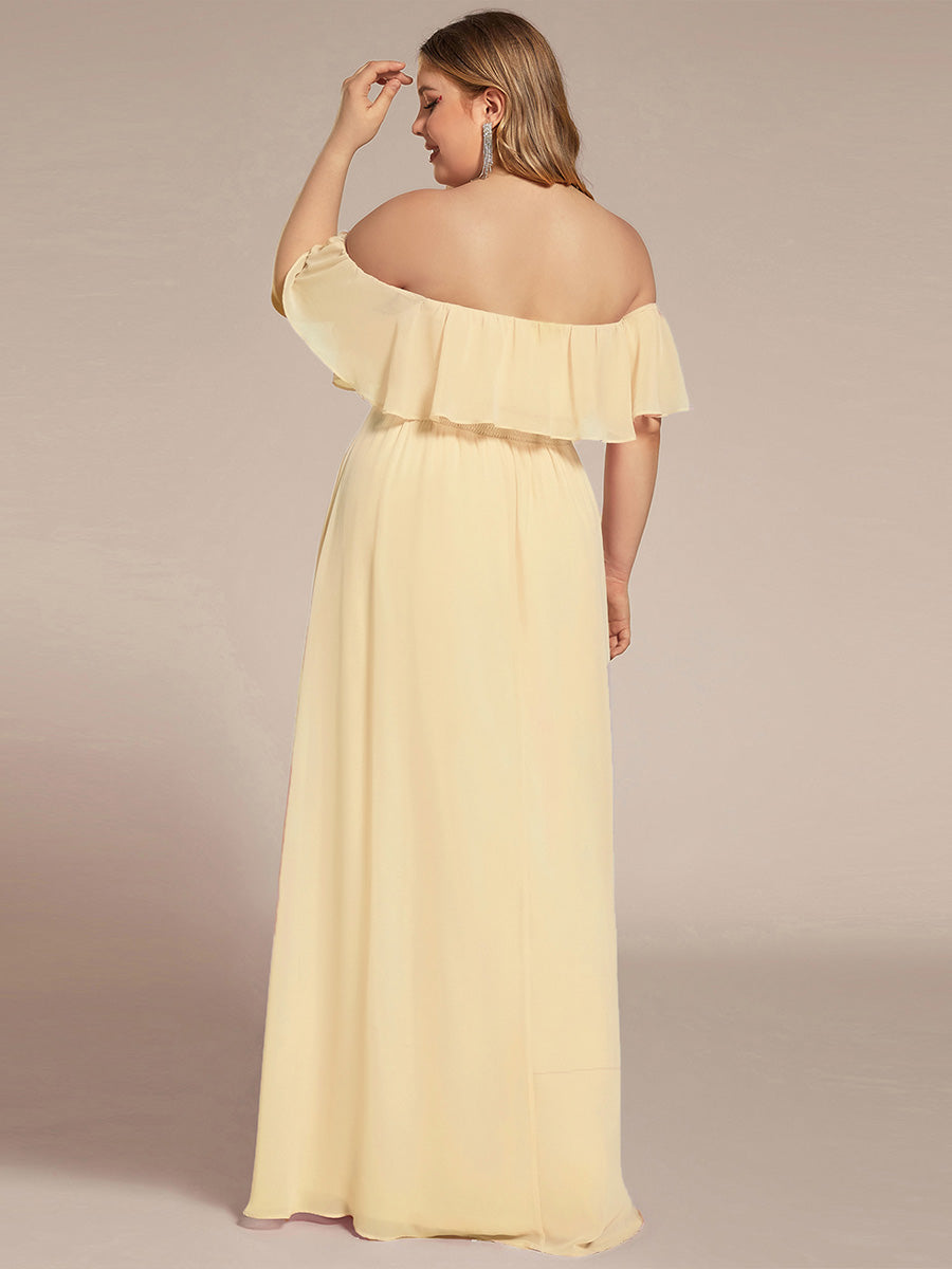 Bodenlanger Offshoulder A-Linie Chiffon Kleid Mit Falten Design Und Oberschenkel Hohem Schlitz #Farbe_Gelb