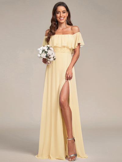 Bodenlanger Offshoulder A-Linie Chiffon Kleid Mit Falten Design Und Oberschenkel Hohem Schlitz #Farbe_Gelb