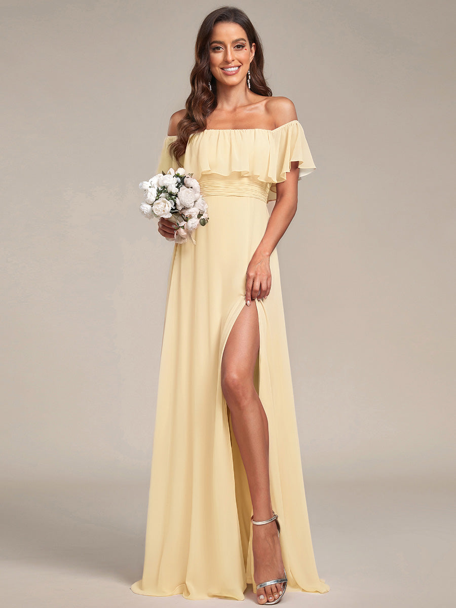 Bodenlanger Offshoulder A-Linie Chiffon Kleid Mit Falten Design Und Oberschenkel Hohem Schlitz #Farbe_Gelb