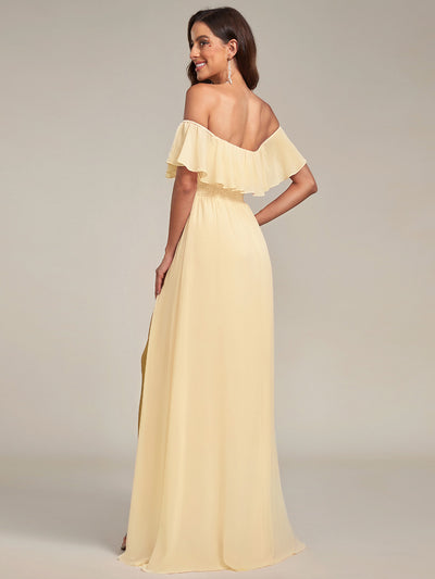 Bodenlanger Offshoulder A-Linie Chiffon Kleid Mit Falten Design Und Oberschenkel Hohem Schlitz #Farbe_Gelb