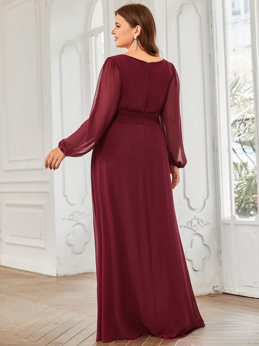 Rundhals Bodenlaenge Langarm Brautjungfernkleider #farbe_Burgunderrot
