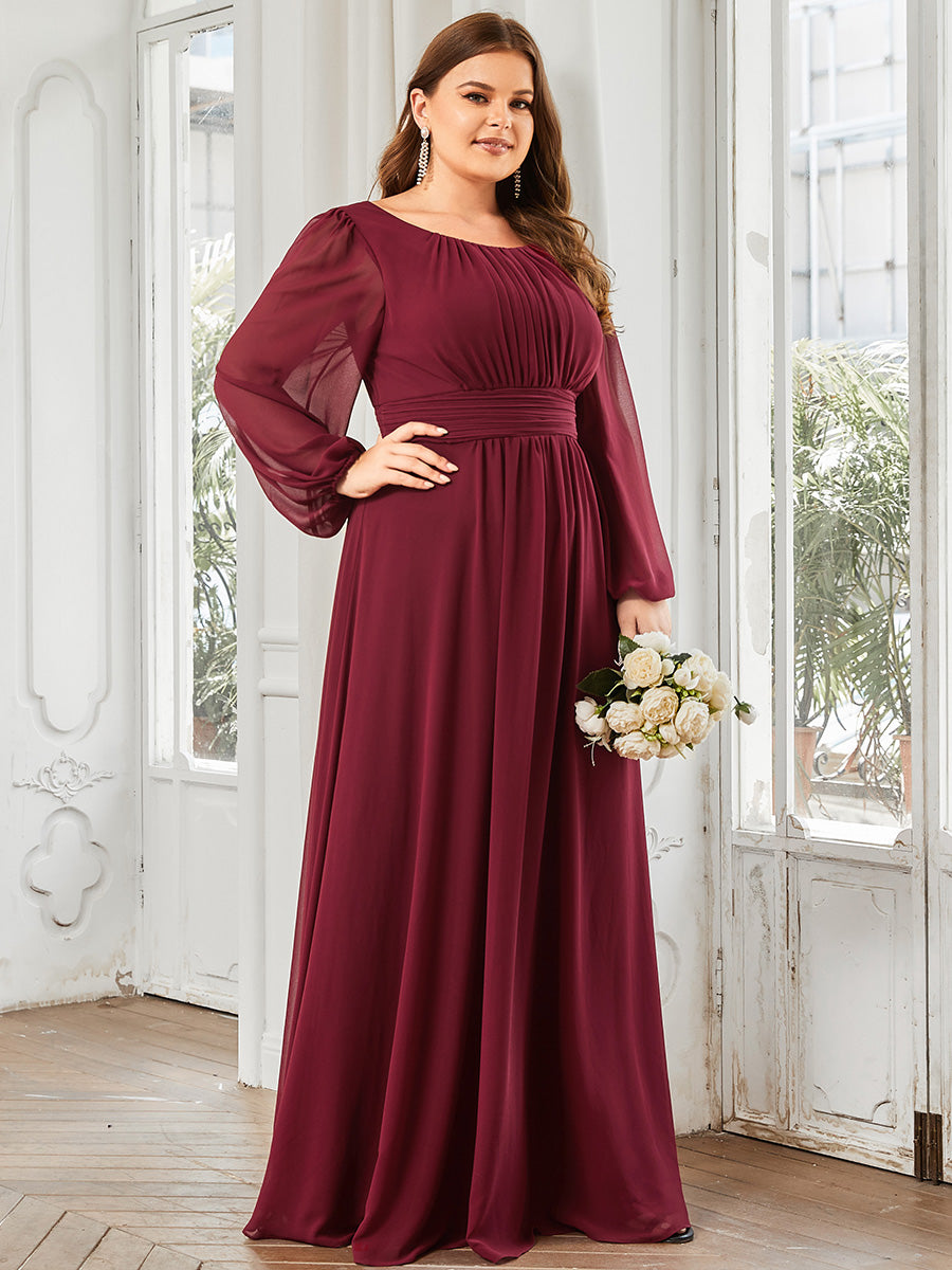 Rundhals Bodenlaenge Langarm Brautjungfernkleider #farbe_Burgunderrot