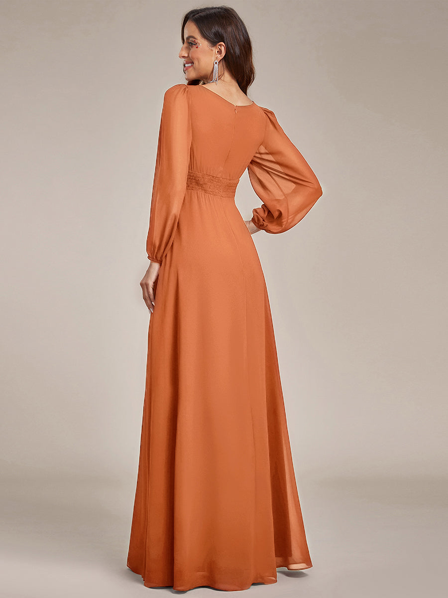 Rundhals Bodenlaenge Langarm Brautjungfernkleider #farbe_Gebrannte Melone