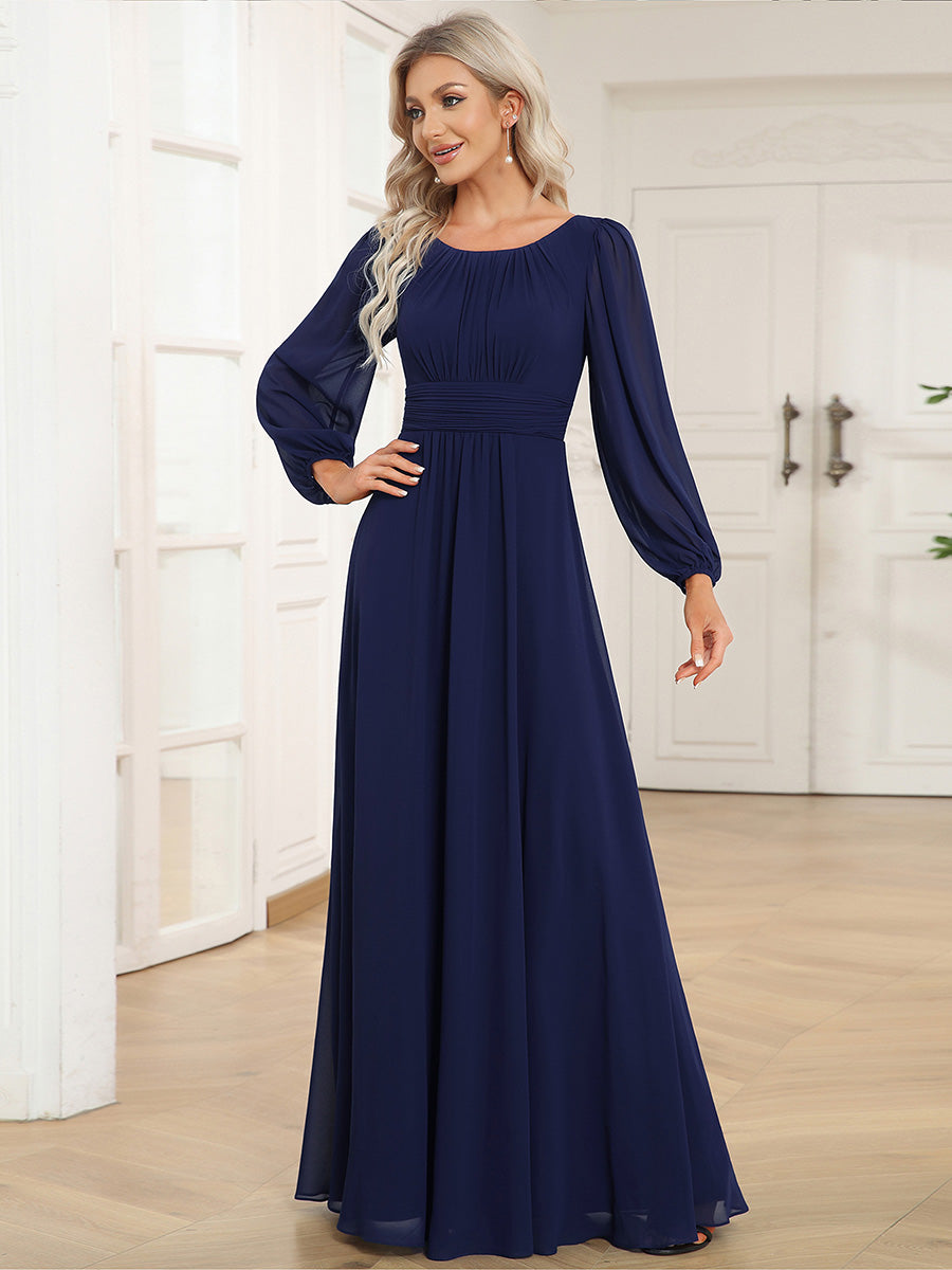 Rundhals Bodenlaenge Langarm Brautjungfernkleider #farbe_Marineblau