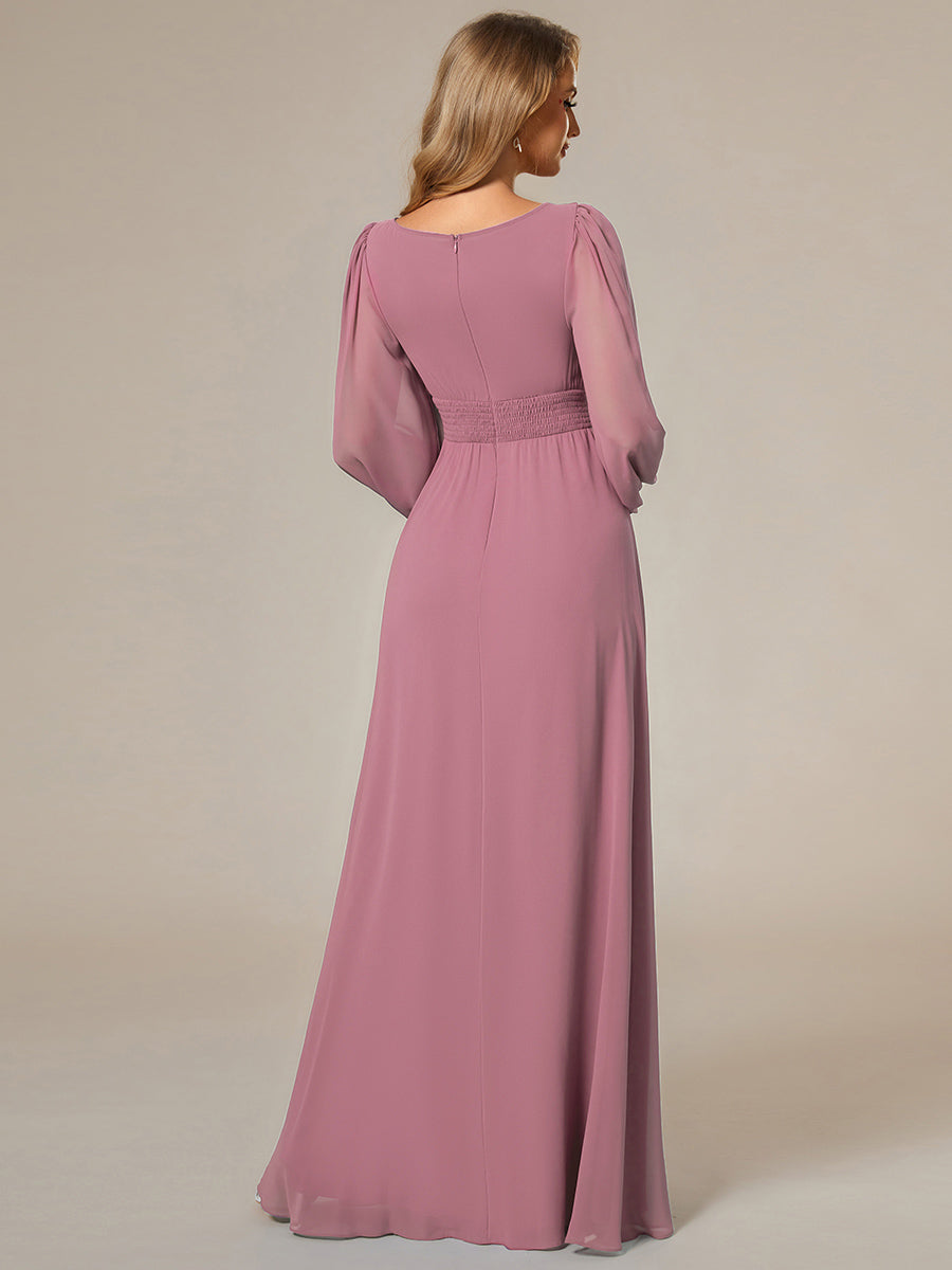 Rundhals Bodenlaenge Langarm Brautjungfernkleider #farbe_Orchideenviolett