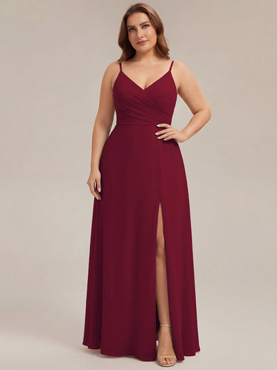 Bodenlanger V-Ausschnitt A-Linie Chiffonkleid Mit Tiefem V-Ausschnitt Und Gerafften Details Kleid #Farbe_Burgunderrot