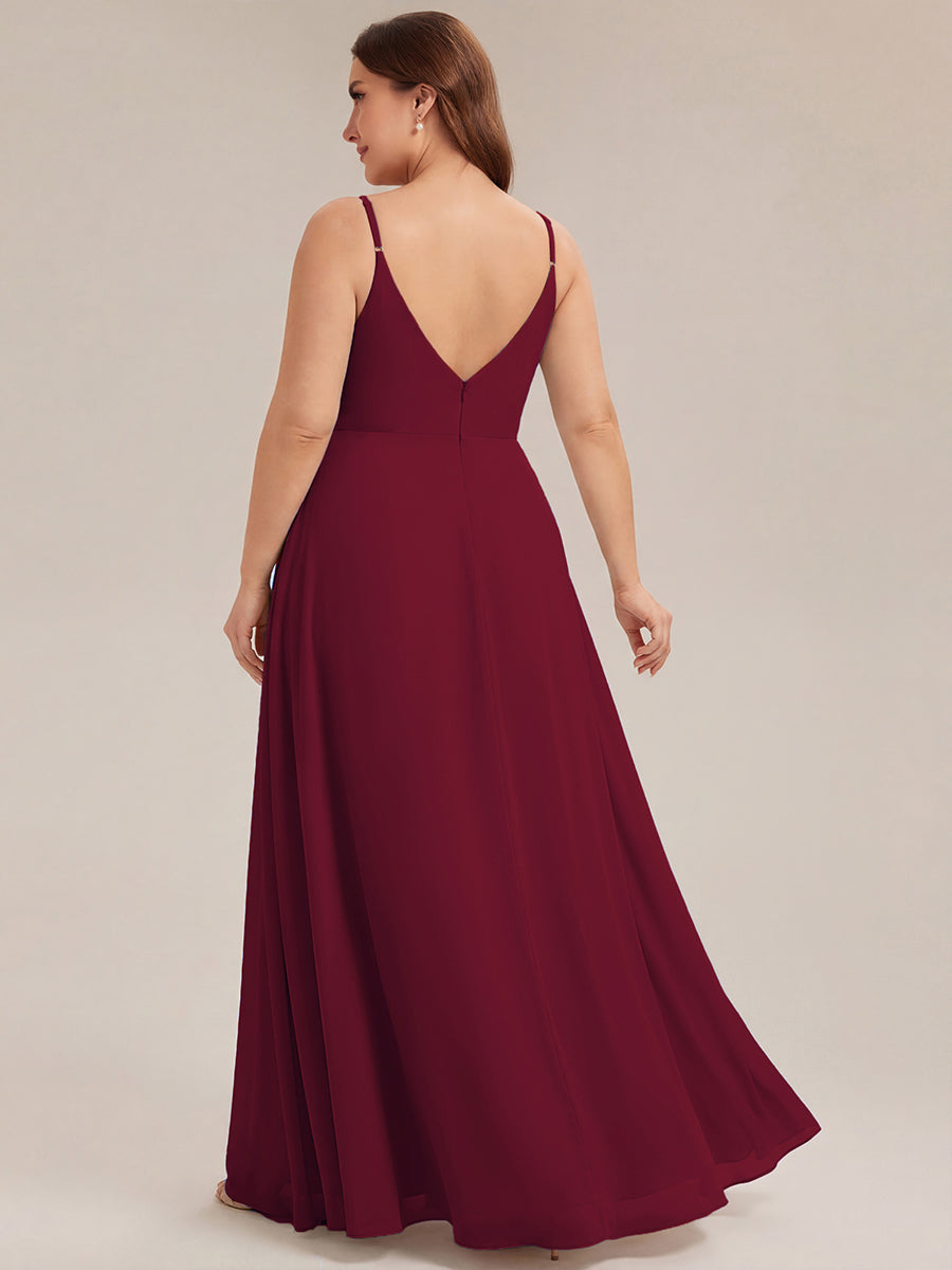 Bodenlanger V-Ausschnitt A-Linie Chiffonkleid Mit Tiefem V-Ausschnitt Und Gerafften Details Kleid #Farbe_Burgunderrot