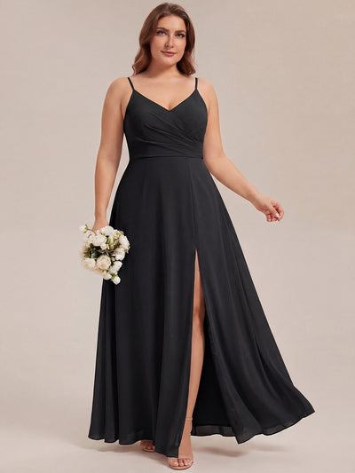 Bodenlanger V-Ausschnitt A-Linie Chiffonkleid Mit Tiefem V-Ausschnitt Und Gerafften Details Kleid #Farbe_Schwarz