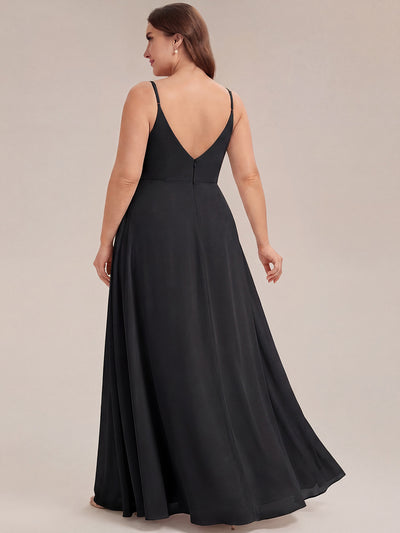 Bodenlanger V-Ausschnitt A-Linie Chiffonkleid Mit Tiefem V-Ausschnitt Und Gerafften Details Kleid #Farbe_Schwarz