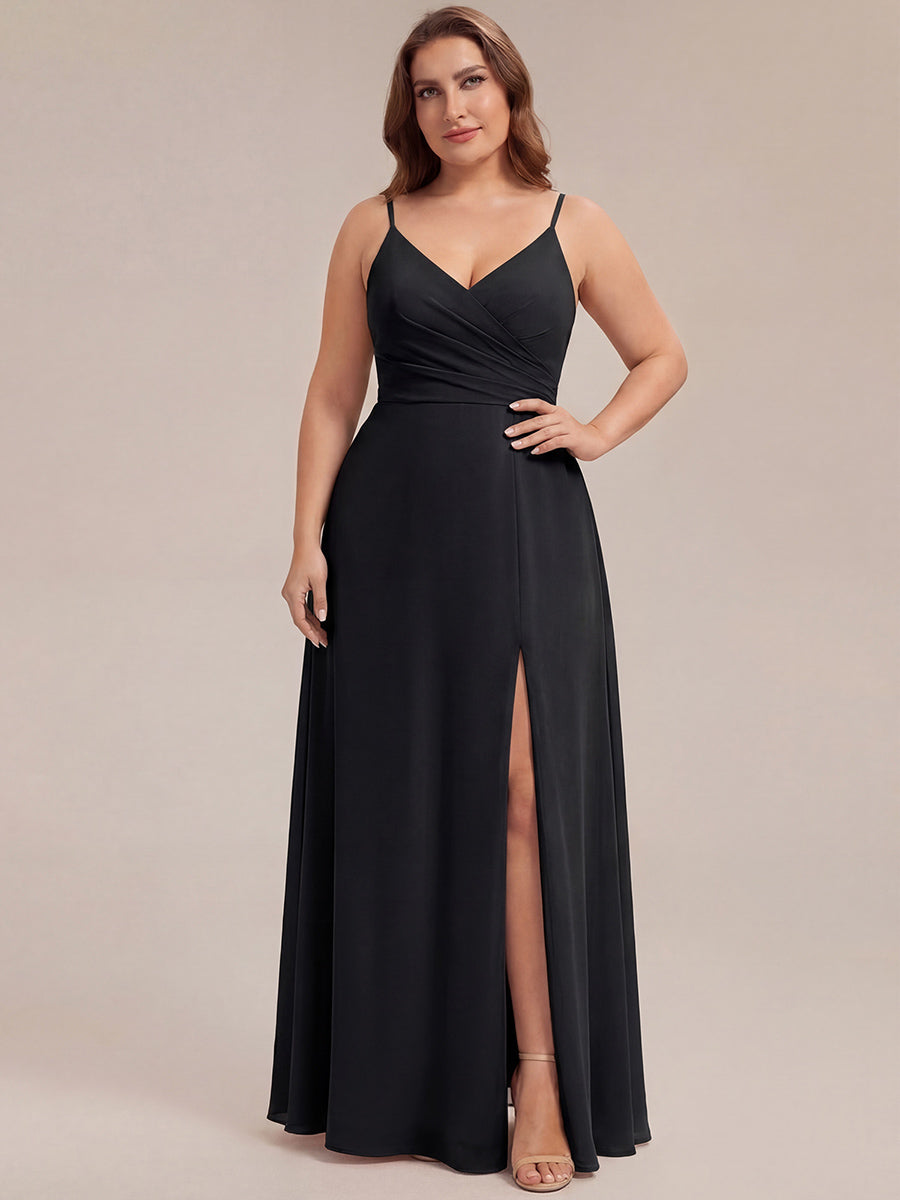 Bodenlanger V-Ausschnitt A-Linie Chiffonkleid Mit Tiefem V-Ausschnitt Und Gerafften Details Kleid #Farbe_Schwarz