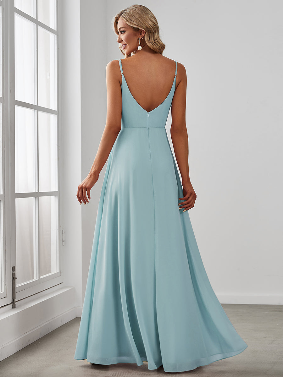 Bodenlanger V-Ausschnitt A-Linie Chiffonkleid Mit Tiefem V-Ausschnitt Und Gerafften Details Kleid #Farbe_Himmelblau