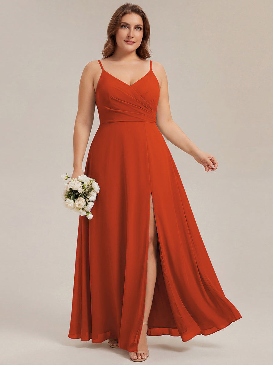 Bodenlanger V-Ausschnitt A-Linie Chiffonkleid Mit Tiefem V-Ausschnitt Und Gerafften Details Kleid #Farbe_Gebranntes Orange