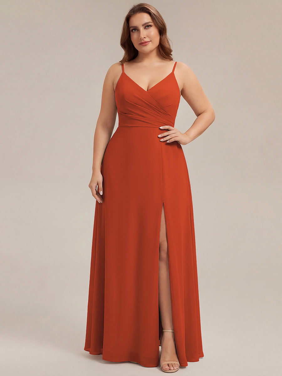 Bodenlanger V-Ausschnitt A-Linie Chiffonkleid Mit Tiefem V-Ausschnitt Und Gerafften Details Kleid #Farbe_Gebranntes Orange