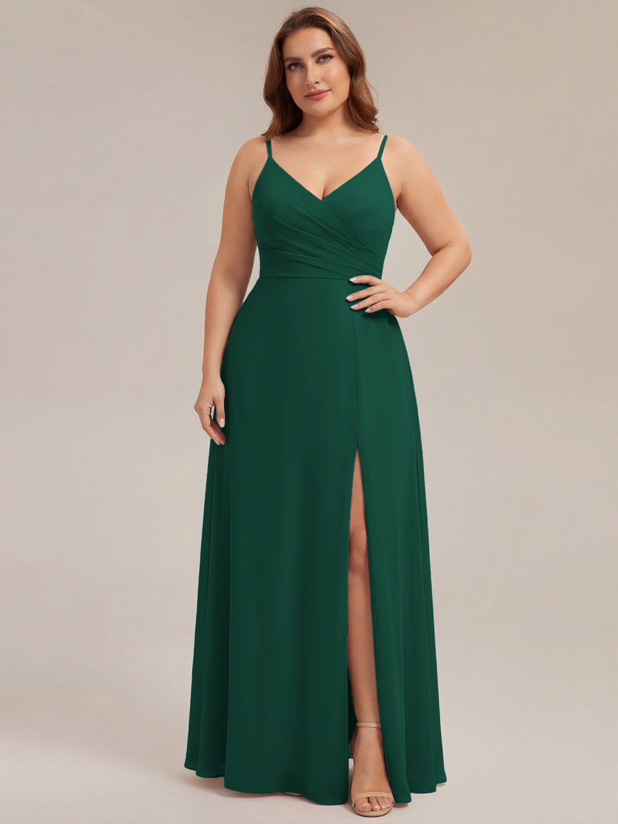 Bodenlanger V-Ausschnitt A-Linie Chiffonkleid Mit Tiefem V-Ausschnitt Und Gerafften Details Kleid #Farbe_Dunkelgrün