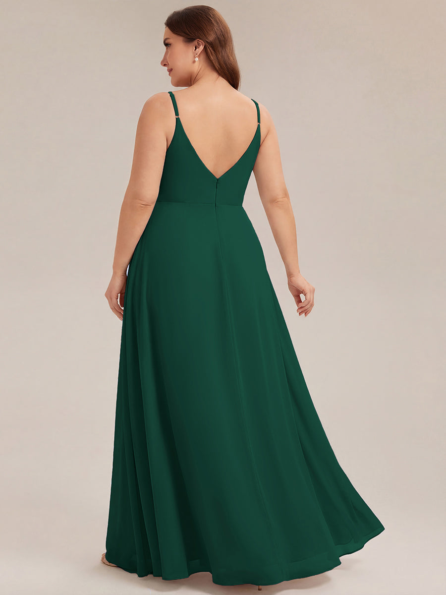 Bodenlanger V-Ausschnitt A-Linie Chiffonkleid Mit Tiefem V-Ausschnitt Und Gerafften Details Kleid #Farbe_Dunkelgrün