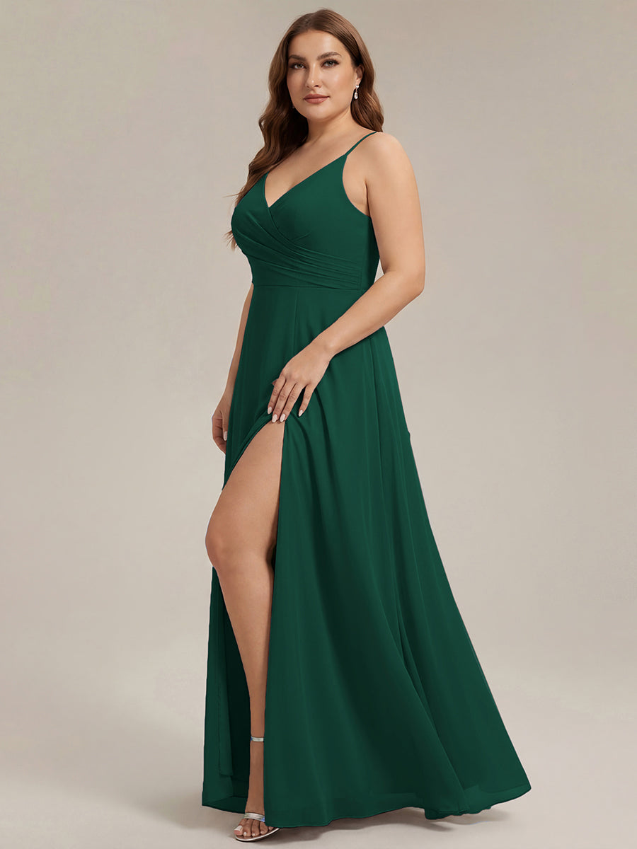 Bodenlanger V-Ausschnitt A-Linie Chiffonkleid Mit Tiefem V-Ausschnitt Und Gerafften Details Kleid #Farbe_Dunkelgrün