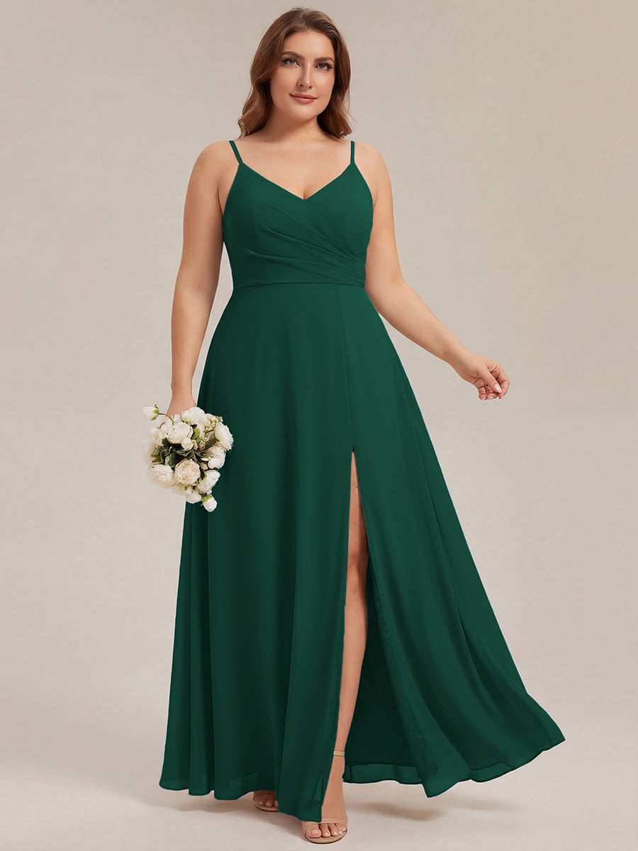 Bodenlanger V-Ausschnitt A-Linie Chiffonkleid Mit Tiefem V-Ausschnitt Und Gerafften Details Kleid #Farbe_Dunkelgrün