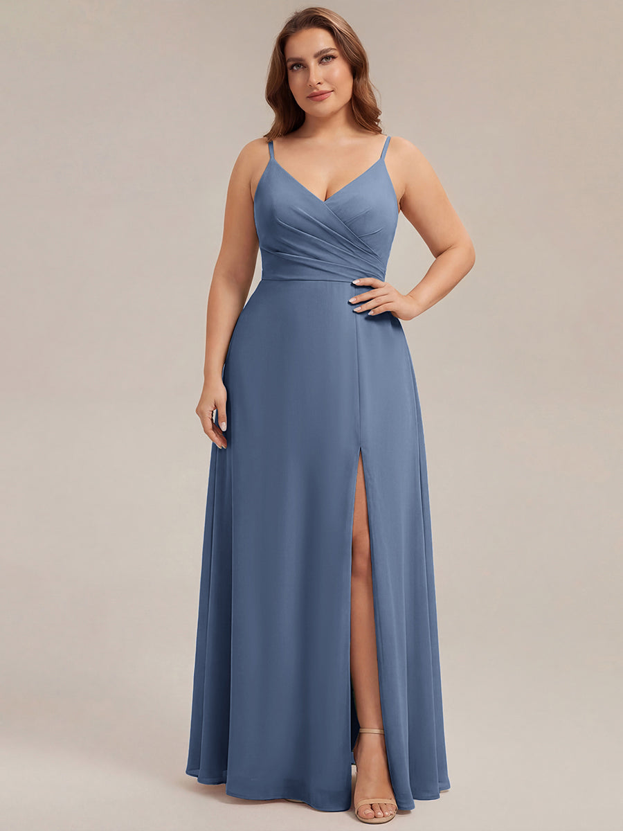 Bodenlanger V-Ausschnitt A-Linie Chiffonkleid Mit Tiefem V-Ausschnitt Und Gerafften Details Kleid #Farbe_Taubenblau