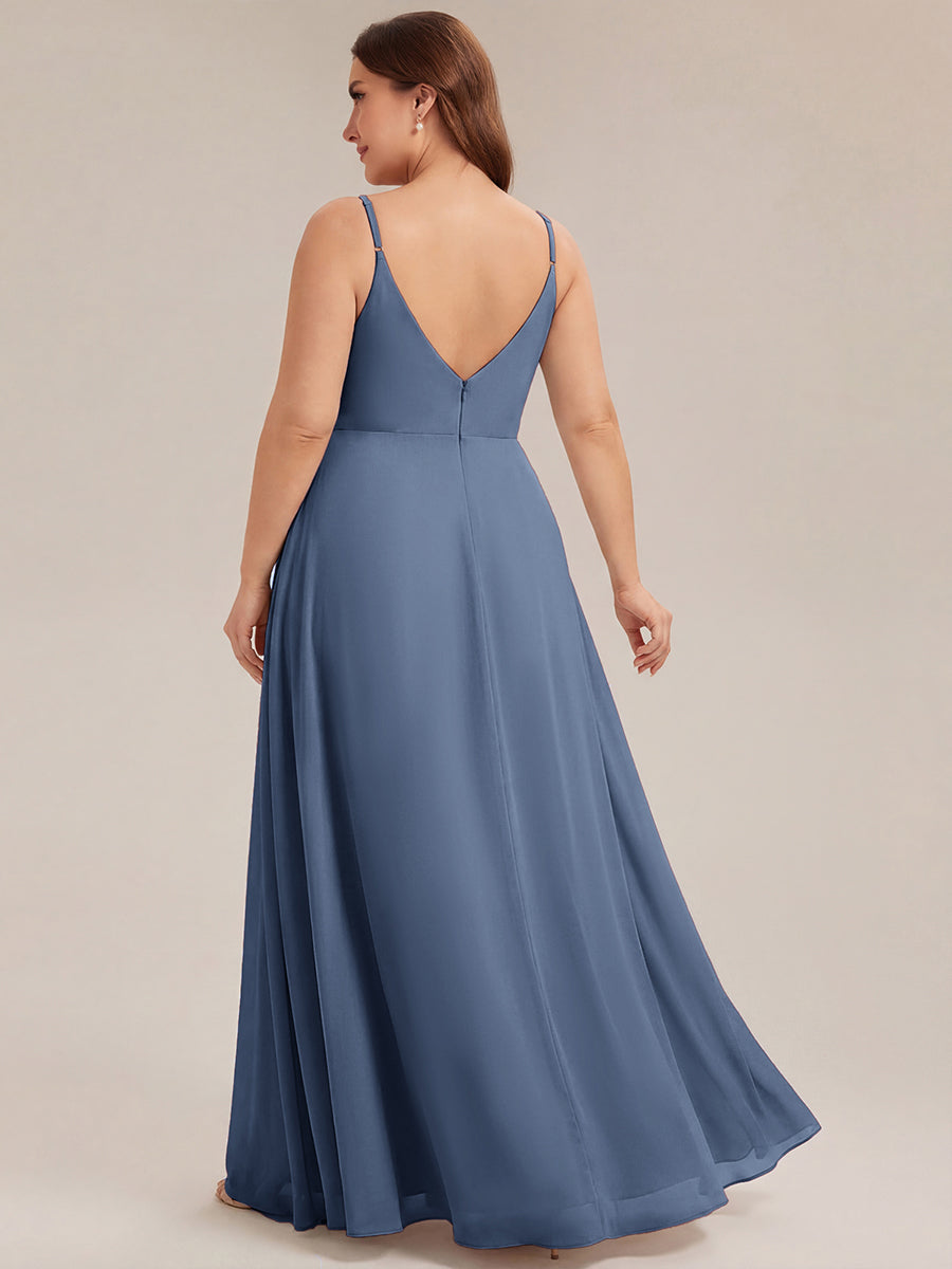 Bodenlanger V-Ausschnitt A-Linie Chiffonkleid Mit Tiefem V-Ausschnitt Und Gerafften Details Kleid #Farbe_Taubenblau