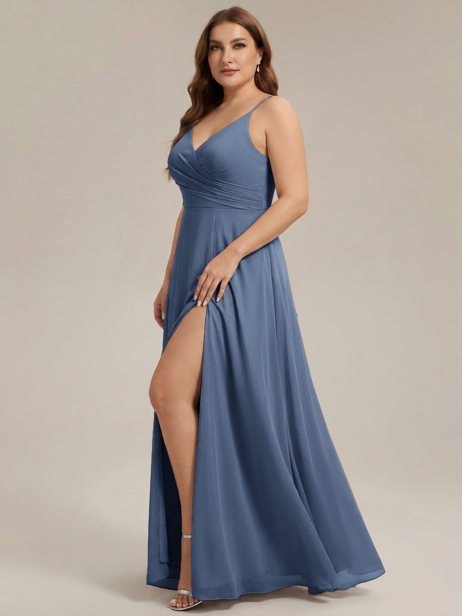 Bodenlanger V-Ausschnitt A-Linie Chiffonkleid Mit Tiefem V-Ausschnitt Und Gerafften Details Kleid #Farbe_Taubenblau
