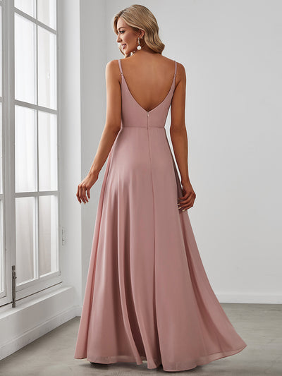 Bodenlanger V-Ausschnitt A-Linie Chiffonkleid Mit Tiefem V-Ausschnitt Und Gerafften Details Kleid #Farbe_Altrosa
