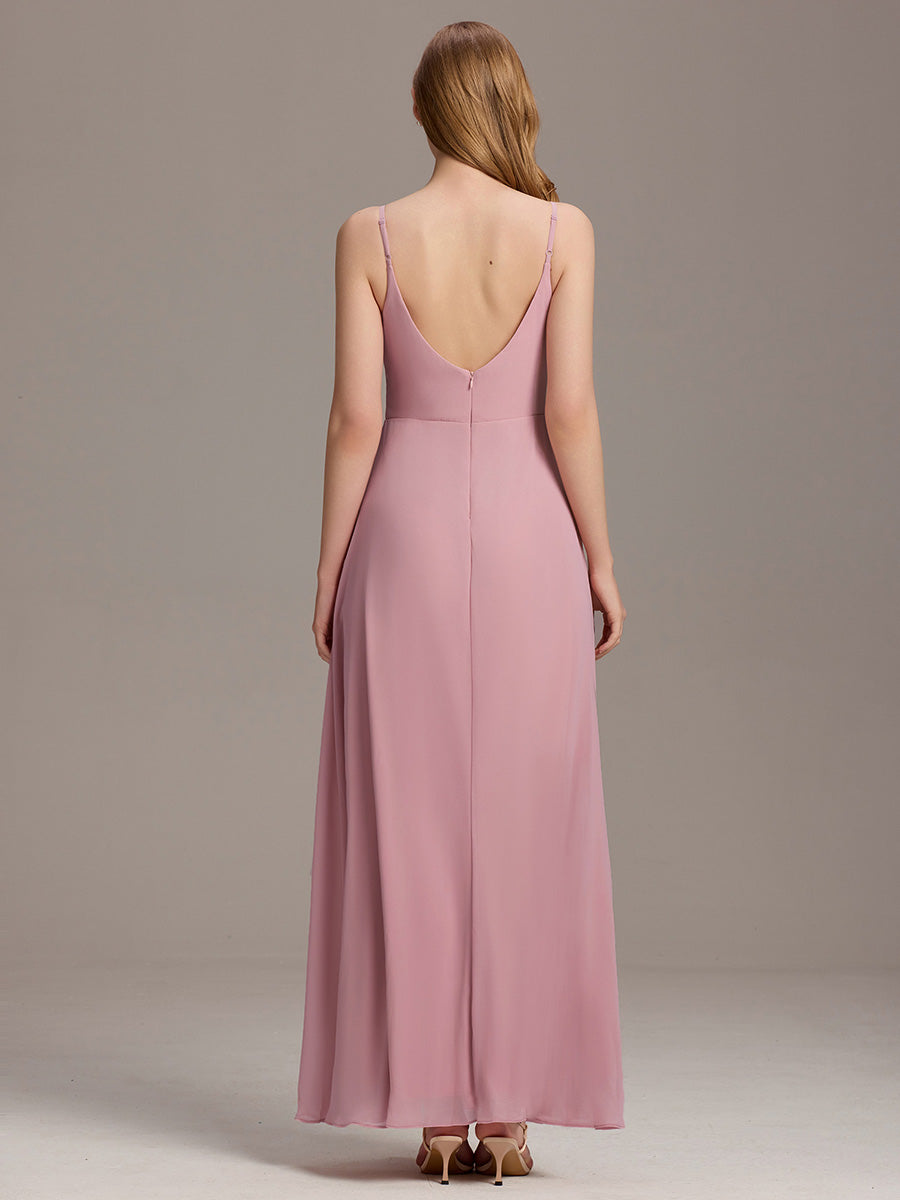 Bodenlanger V-Ausschnitt A-Linie Chiffonkleid Mit Tiefem V-Ausschnitt Und Gerafften Details Kleid #Farbe_Altrosa
