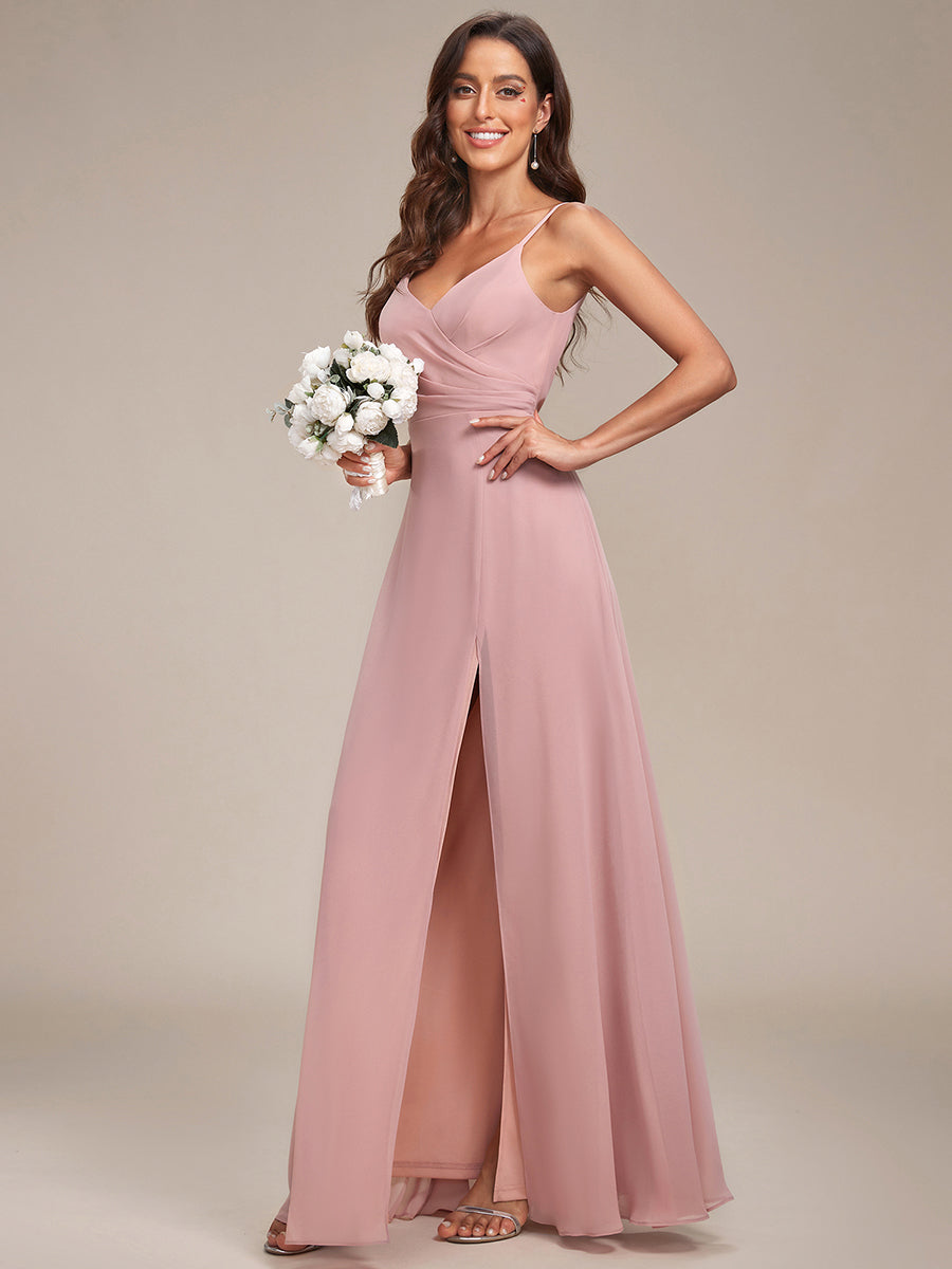 Bodenlanger V-Ausschnitt A-Linie Chiffonkleid Mit Tiefem V-Ausschnitt Und Gerafften Details Kleid #Farbe_Altrosa