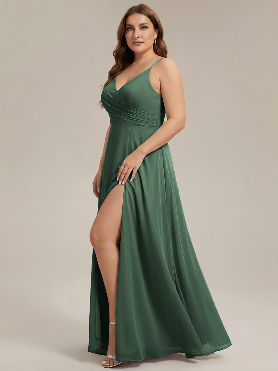 Bodenlanger V-Ausschnitt A-Linie Chiffonkleid Mit Tiefem V-Ausschnitt Und Gerafften Details Kleid #Farbe_Eukalyptus