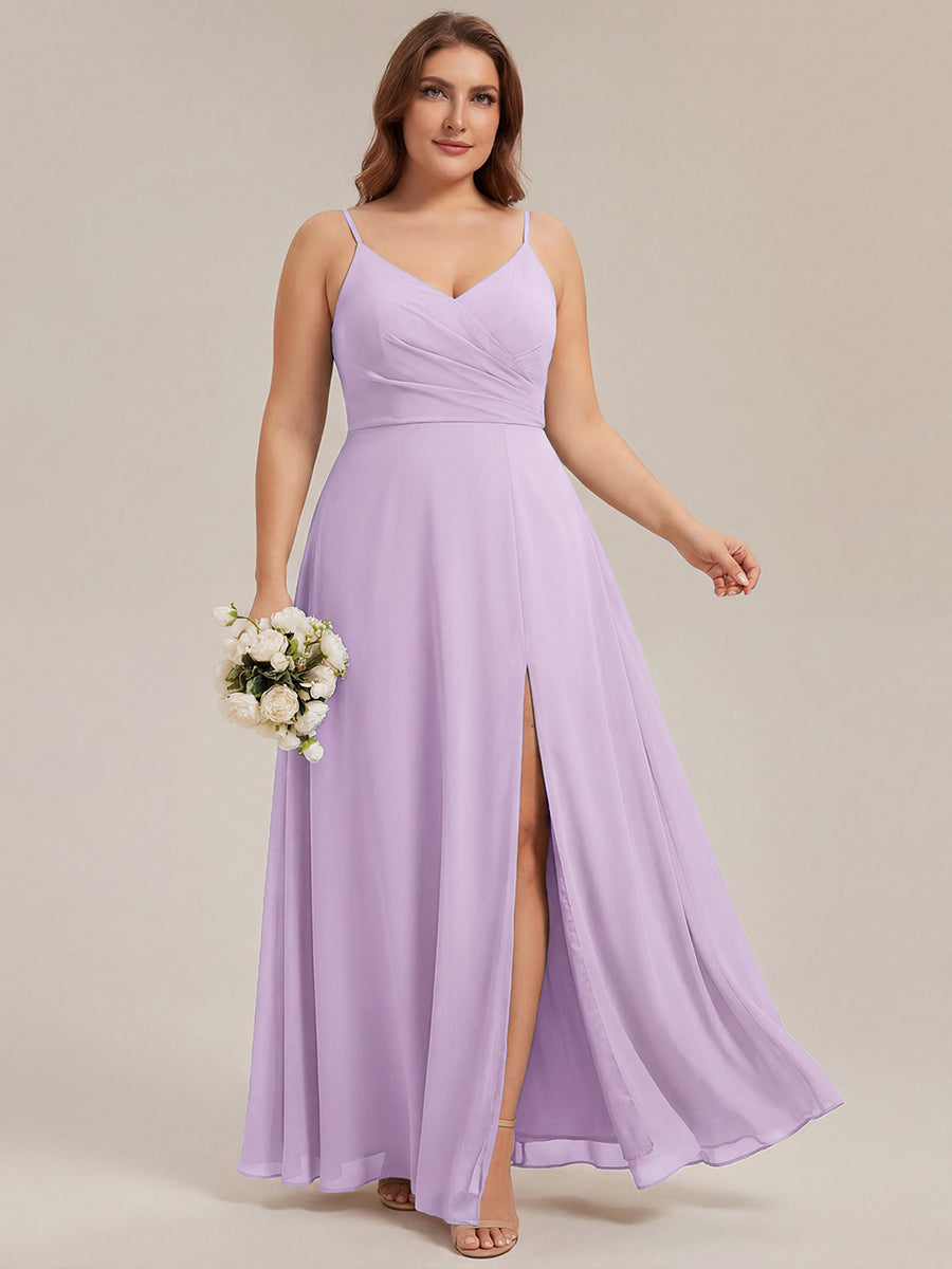 Bodenlanger V-Ausschnitt A-Linie Chiffonkleid Mit Tiefem V-Ausschnitt Und Gerafften Details Kleid #Farbe_Mattflieder