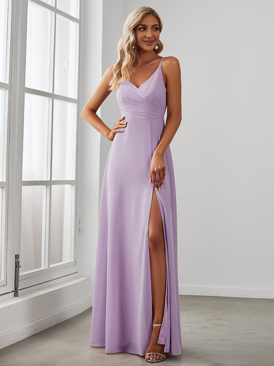 Bodenlanger V-Ausschnitt A-Linie Chiffonkleid Mit Tiefem V-Ausschnitt Und Gerafften Details Kleid #Farbe_Mattflieder