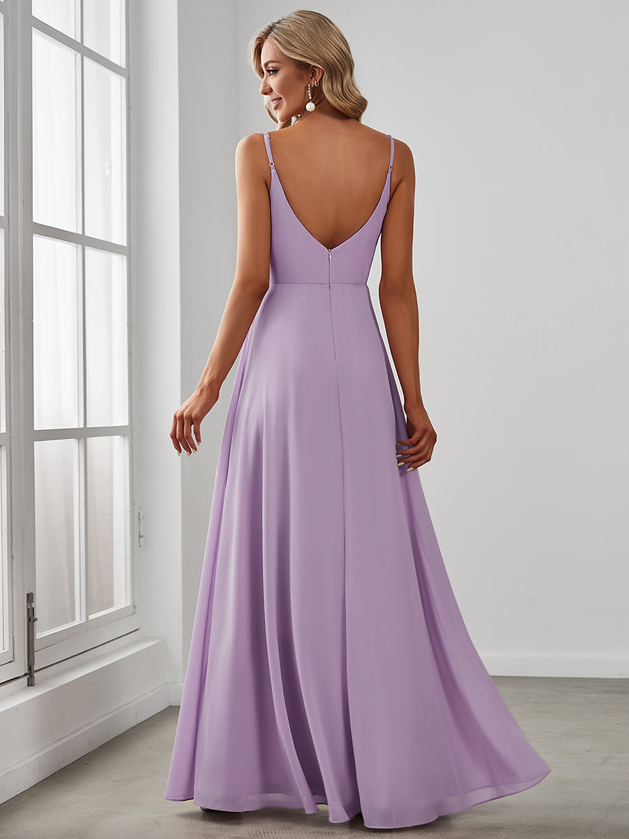 Bodenlanger V-Ausschnitt A-Linie Chiffonkleid Mit Tiefem V-Ausschnitt Und Gerafften Details Kleid #Farbe_Mattflieder