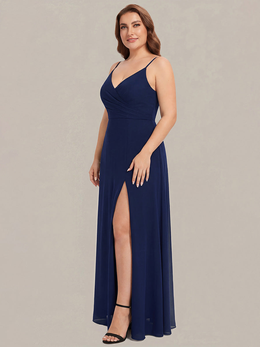 Bodenlanger V-Ausschnitt A-Linie Chiffonkleid Mit Tiefem V-Ausschnitt Und Gerafften Details Kleid #Farbe_Marineblau