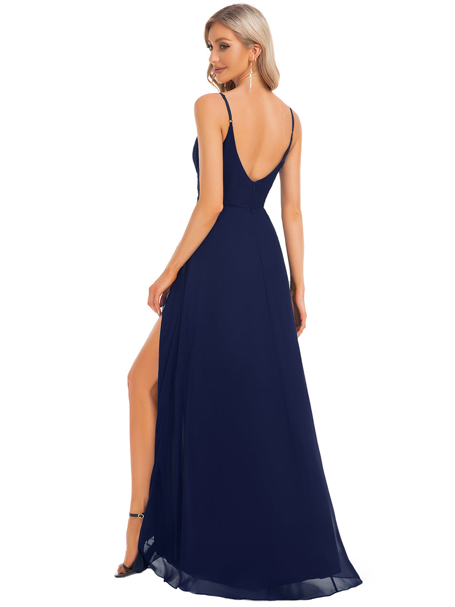 Bodenlanger V-Ausschnitt A-Linie Chiffonkleid Mit Tiefem V-Ausschnitt Und Gerafften Details Kleid #Farbe_Marineblau