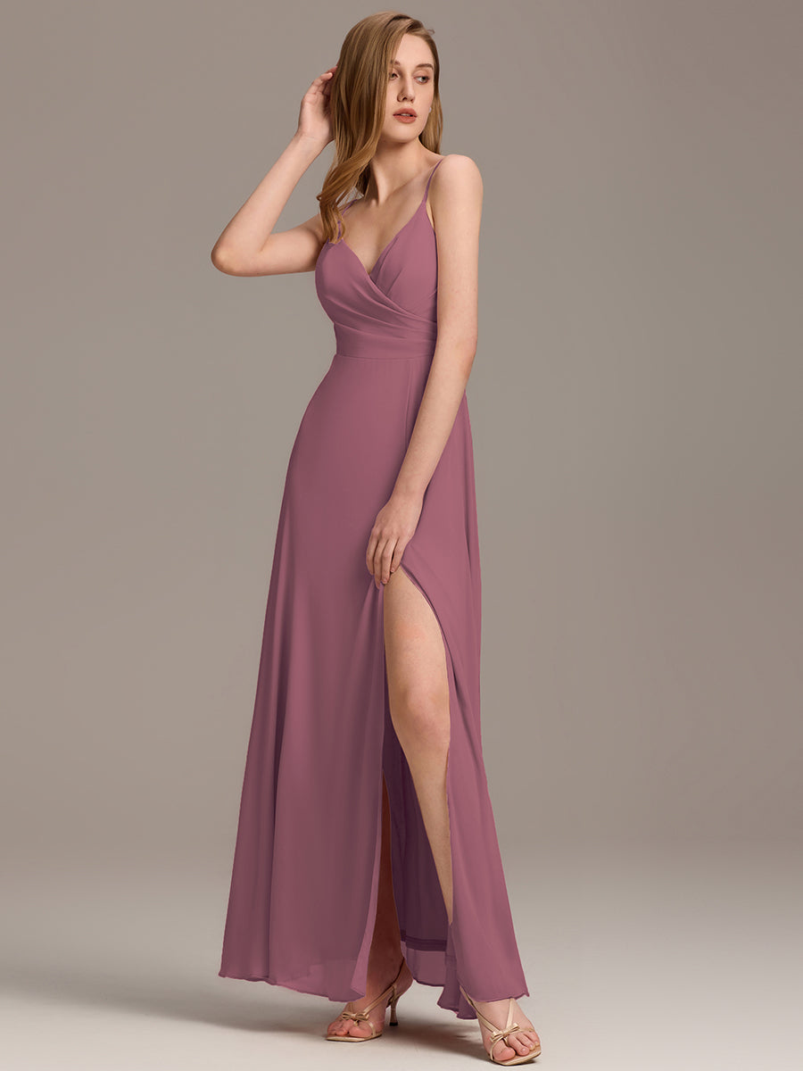 Bodenlanger V-Ausschnitt A-Linie Chiffonkleid Mit Tiefem V-Ausschnitt Und Gerafften Details Kleid #Farbe_Orchideenviolett