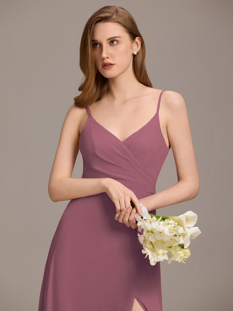 Bodenlanger V-Ausschnitt A-Linie Chiffonkleid Mit Tiefem V-Ausschnitt Und Gerafften Details Kleid #Farbe_Orchideenviolett