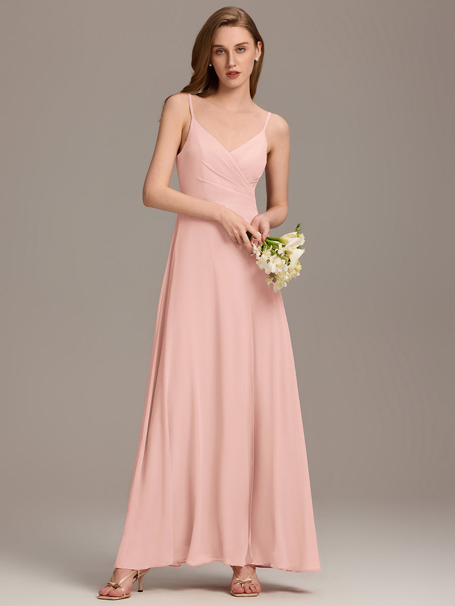 Bodenlanger V-Ausschnitt A-Linie Chiffonkleid Mit Tiefem V-Ausschnitt Und Gerafften Details Kleid #Farbe_Rosa