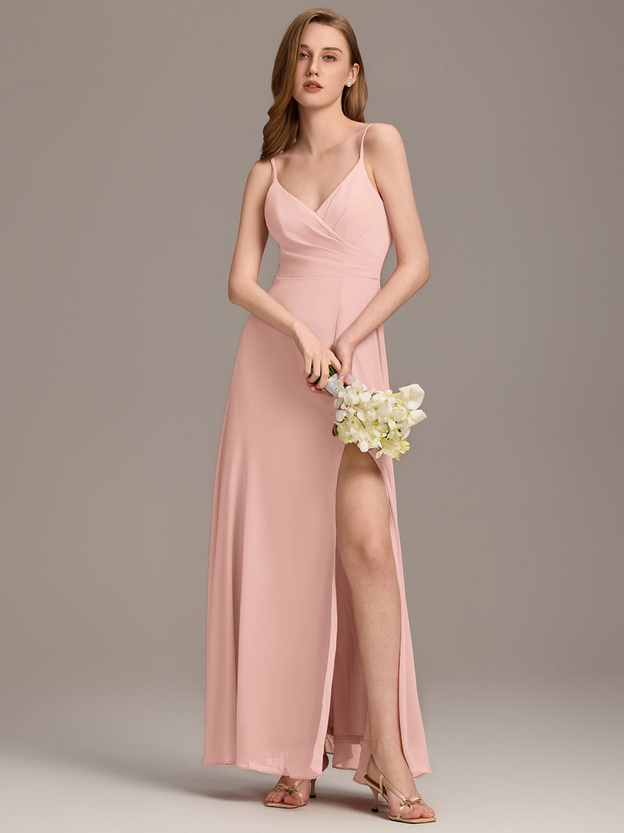 Bodenlanger V-Ausschnitt A-Linie Chiffonkleid Mit Tiefem V-Ausschnitt Und Gerafften Details Kleid #Farbe_Rosa