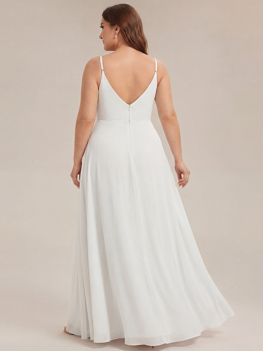 Bodenlanger V-Ausschnitt A-Linie Chiffonkleid Mit Tiefem V-Ausschnitt Und Gerafften Details Kleid #Farbe_Weiß