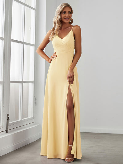 Bodenlanger V-Ausschnitt A-Linie Chiffonkleid Mit Tiefem V-Ausschnitt Und Gerafften Details Kleid #Farbe_Gelb
